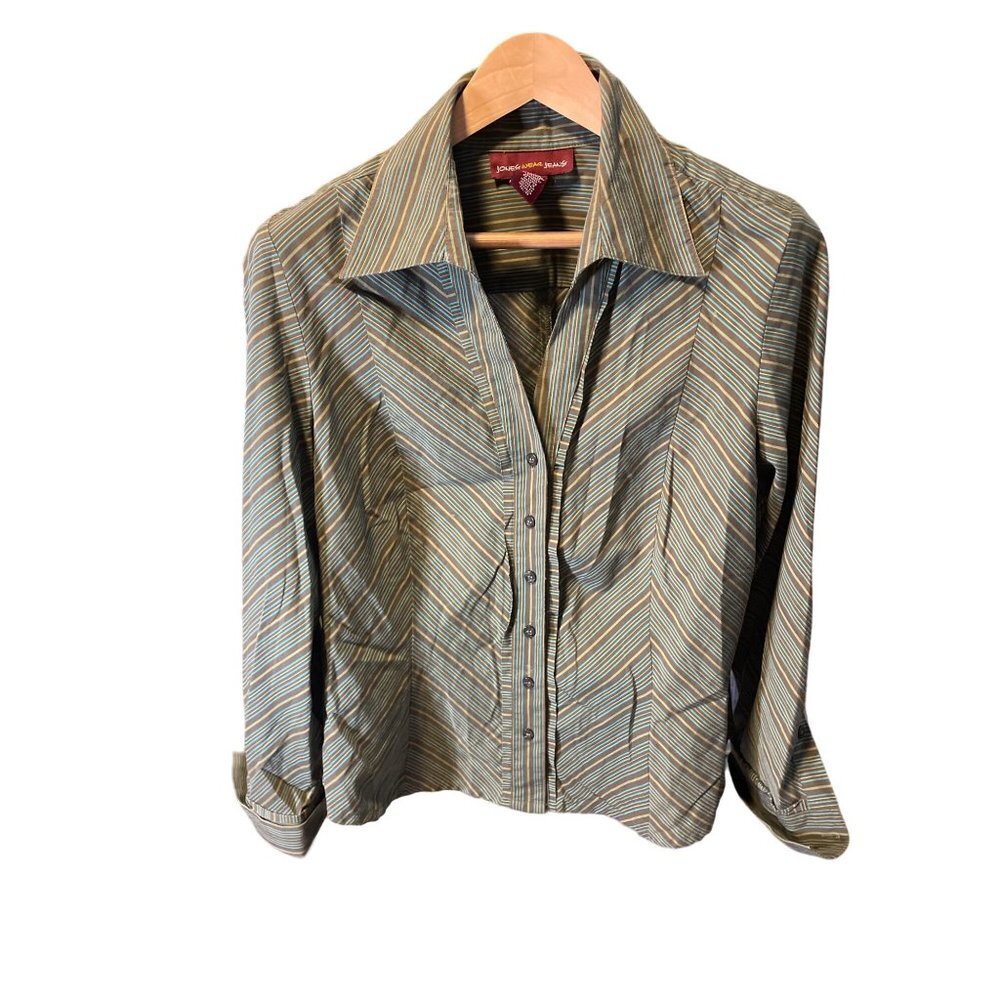 Jones Wear Jeans Fitted V Neck Collared Green Striped Blouse Top Sz XL